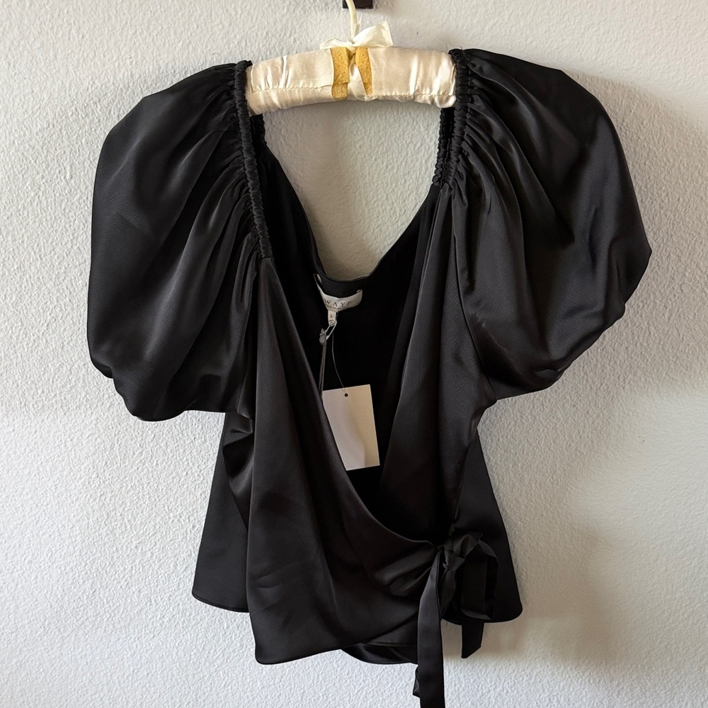 Wayf Black Satin Puff-Sleeve Wrap Blouse
